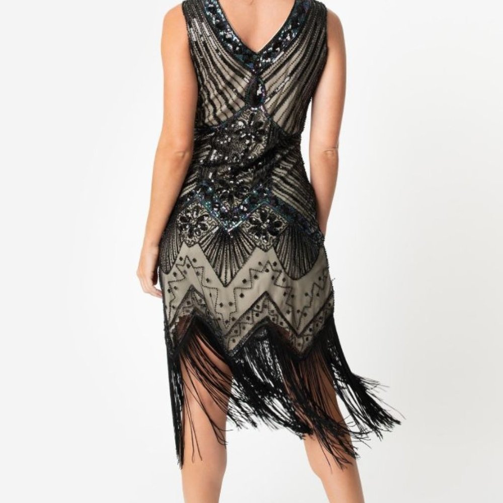 Unique Vintage Black and Beige 1920 Inspired Beaded Flapper Dress-1A - Picture 2 of 3